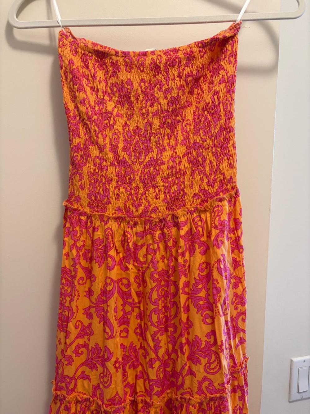 Strapless Orange Maxi Dress with Pink Floral Print - Picture 3 of 4